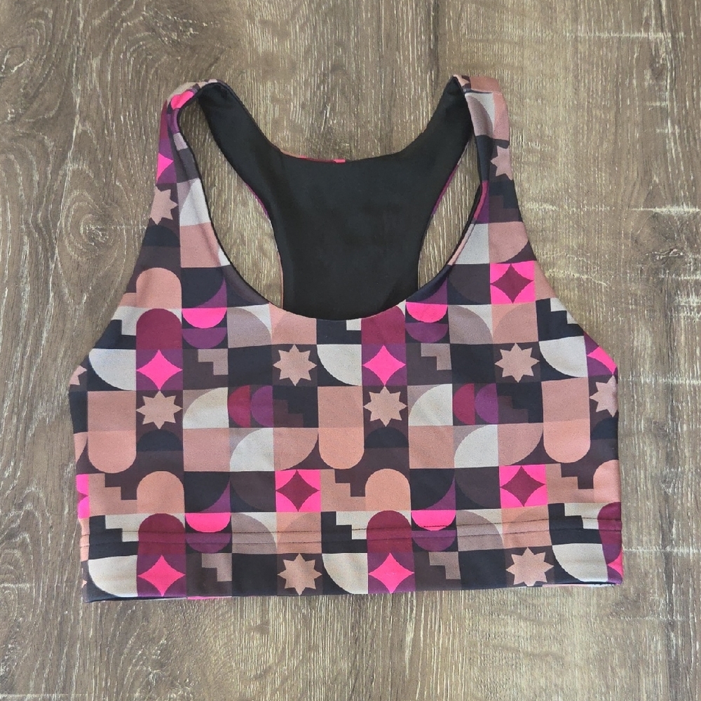 Terez Hi-Shine Sports Bra in Neutral Mod Pink & Brown Geometric Sports Bra Small